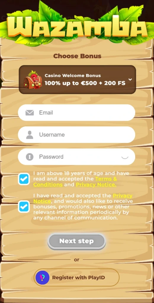 Registration with email username and bonus choice